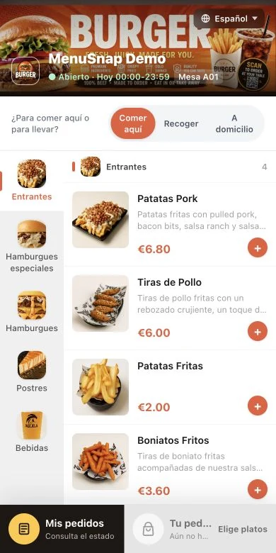 Vista previa móvil de pedidos por QR de MenuSnap