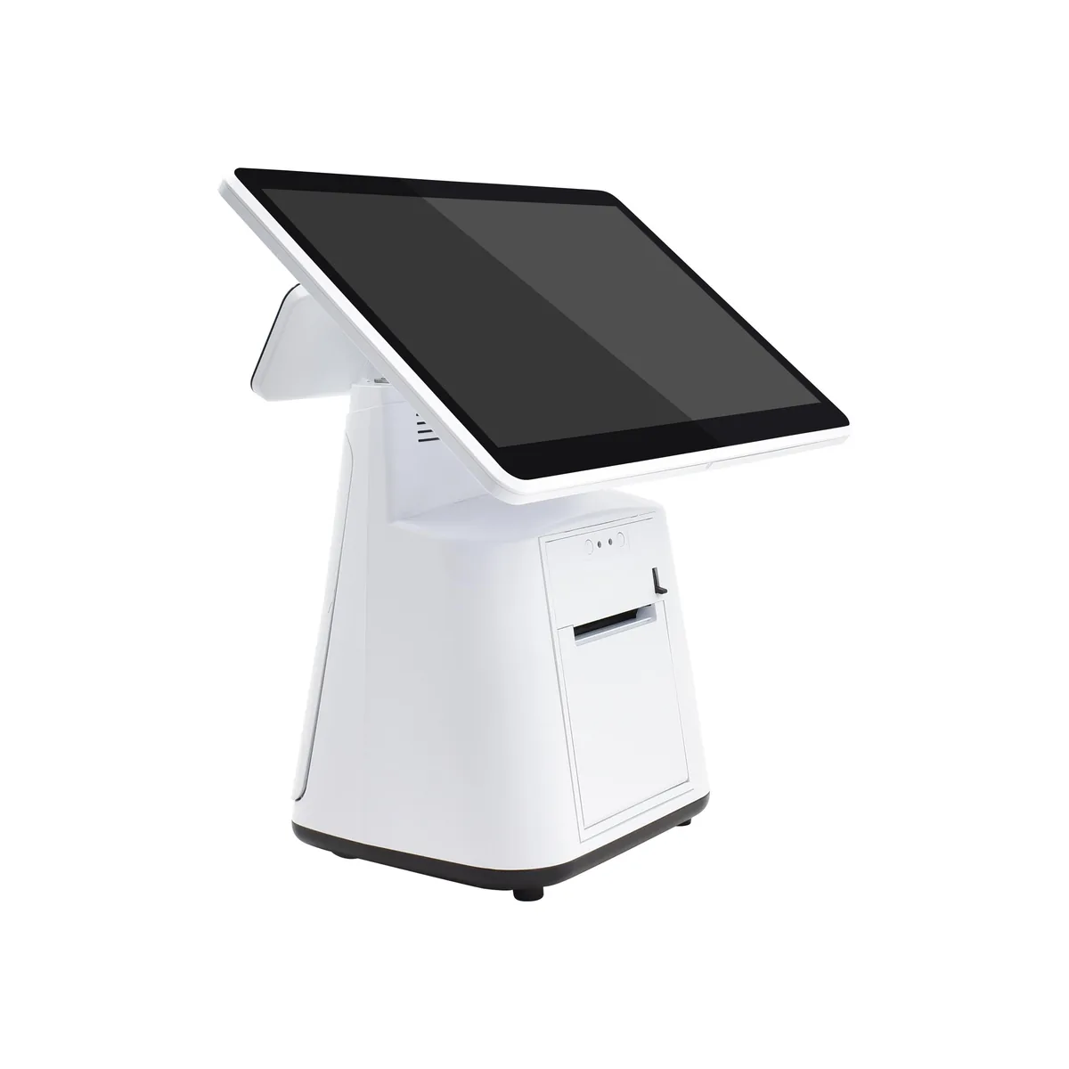 Optional equipment photo: a white Android all-in-one POS terminal with a built-in receipt printer and a small secondary display. This does not mean that all models are compatible.